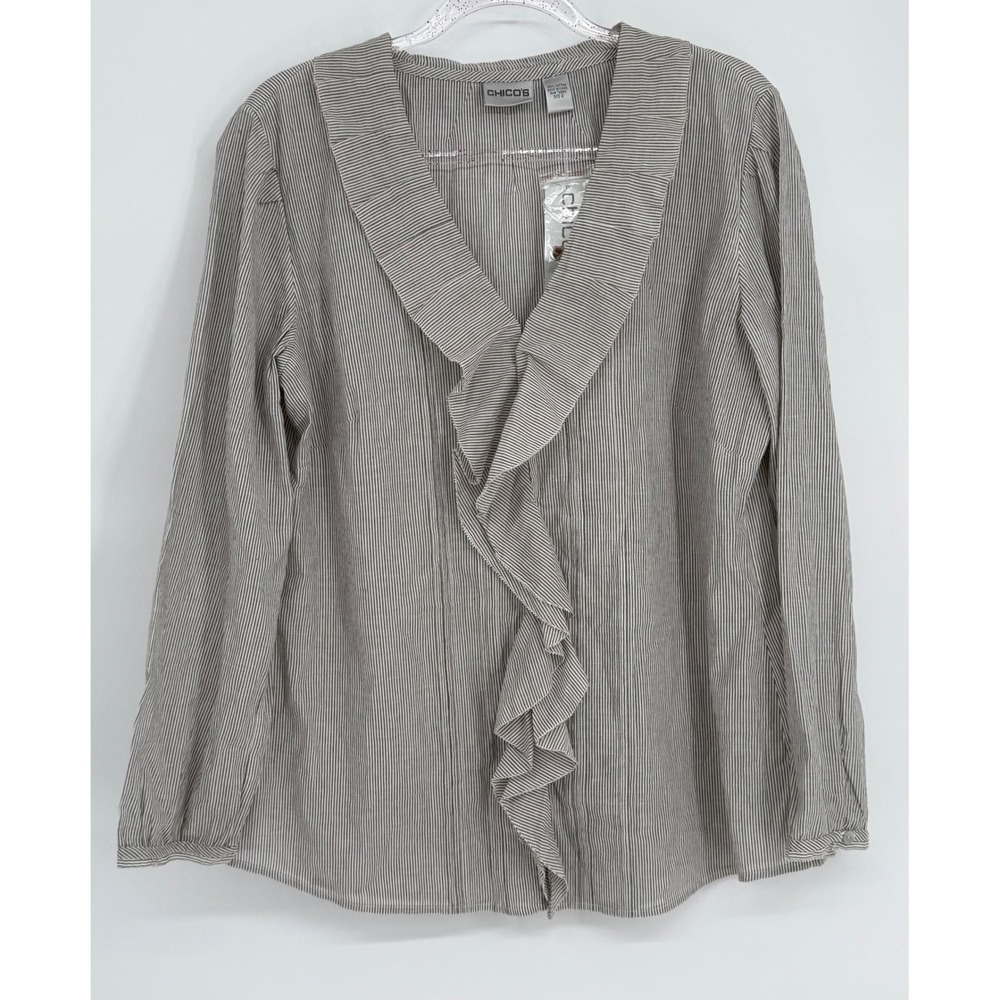 Chicos Striped Delight Carrick Shirt Cairo Brown White Ruffle V-Neck Sz 2 (L)